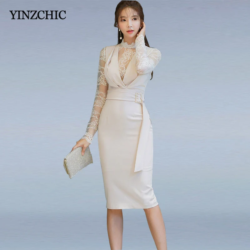 

Женское облегающее платье-карандаш, 2 шт., офисное облегающее платье до колен, с кружевами и заплатками, вечерние, для весны