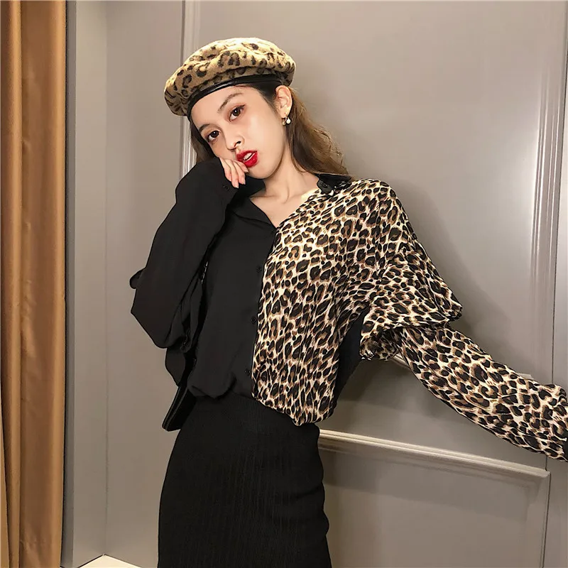 

Women's autumn contrast color mosaic leopard shirt retro chic fashion ruffled long-sleeved shirt GD037 blusas mujer de moda