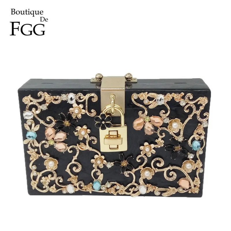 

Boutique De FGG Women Black Acrylic Box Clutch Handbags Flower Crystal Evening Purses Party Chain Shoulder Crossboday Bag