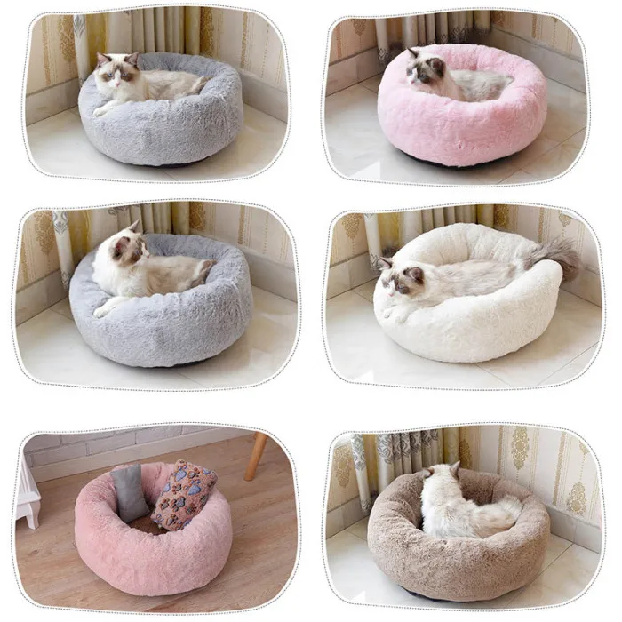 Pets Shag Plush Donut Cuddler Calming Bed Round Plush Cat Dog Mat Sleeping Bed with Pillow E2S