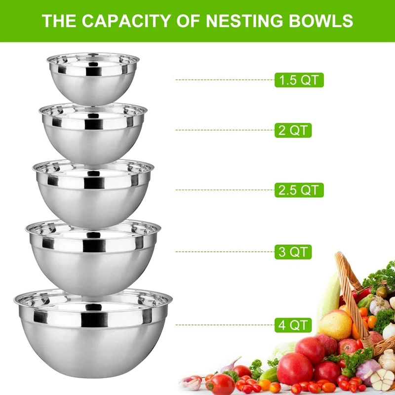 Набор из 5 смешивающих салатников с крышками Салатница нержавеющей стали