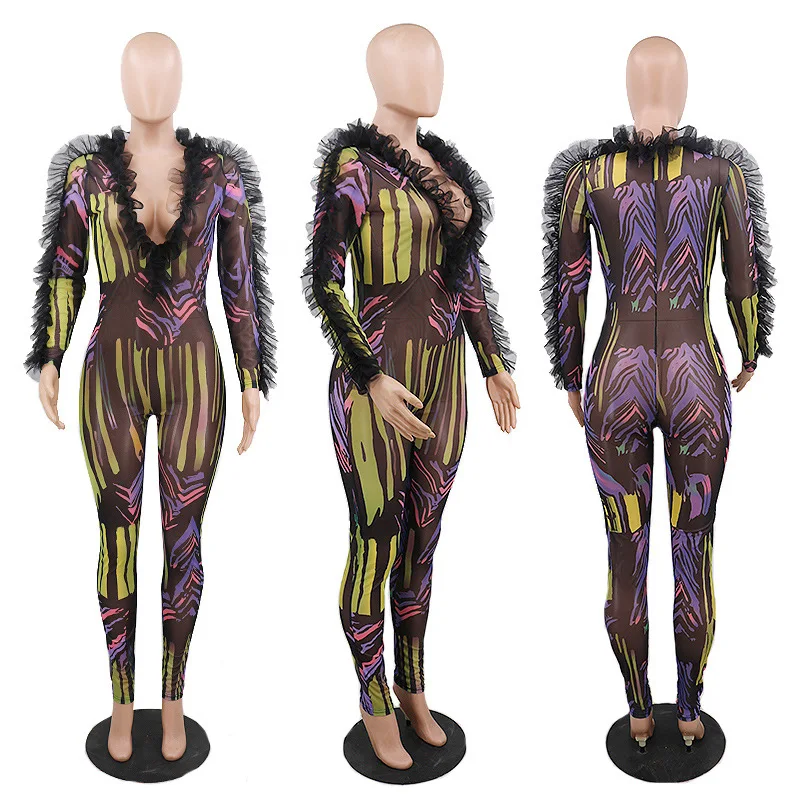 

Colorful Gauze Grid Bodycon Full Length Jumpsuit Fashion Night Club Sexy Women Deep V Neck Ruffles Side Rompers Catsuit
