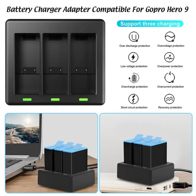 

2Pack Battery 1750mAh For GoPro 9 3 Ways LED Battery Charger With Cable for GoPro Hero 9 Black Action Camera Accessories