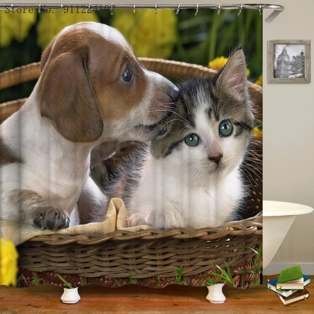 

Funny Cat Waterproof Shower Curtains Bathroom Curtain With Hooks 3d Print Cute Cat Dog Bath Creative Personality Shower Curtain