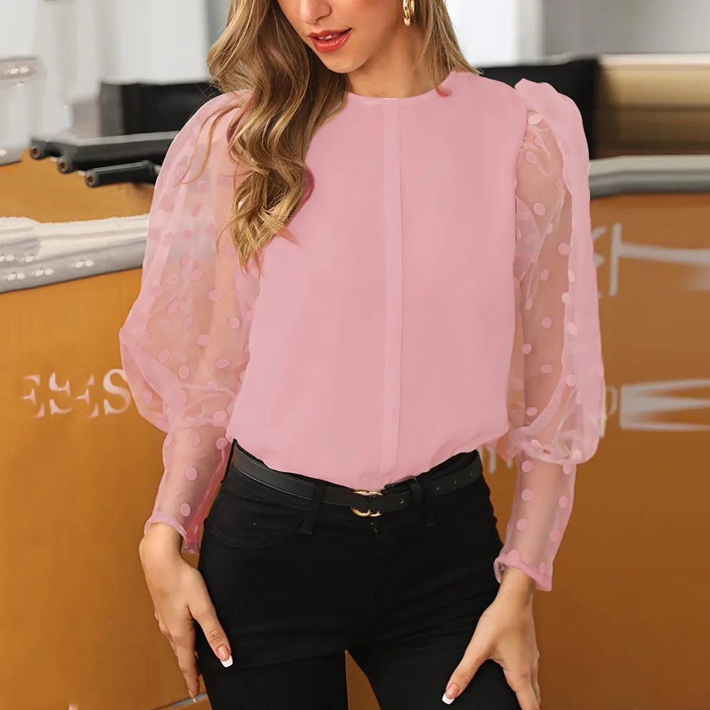 Fashion Dot Lantern Sleeve T-Shirt Perspective Casual Autumn Ladies O-Neck Tops Female Women Long Shirt Blusas Pullover | Женская одежда