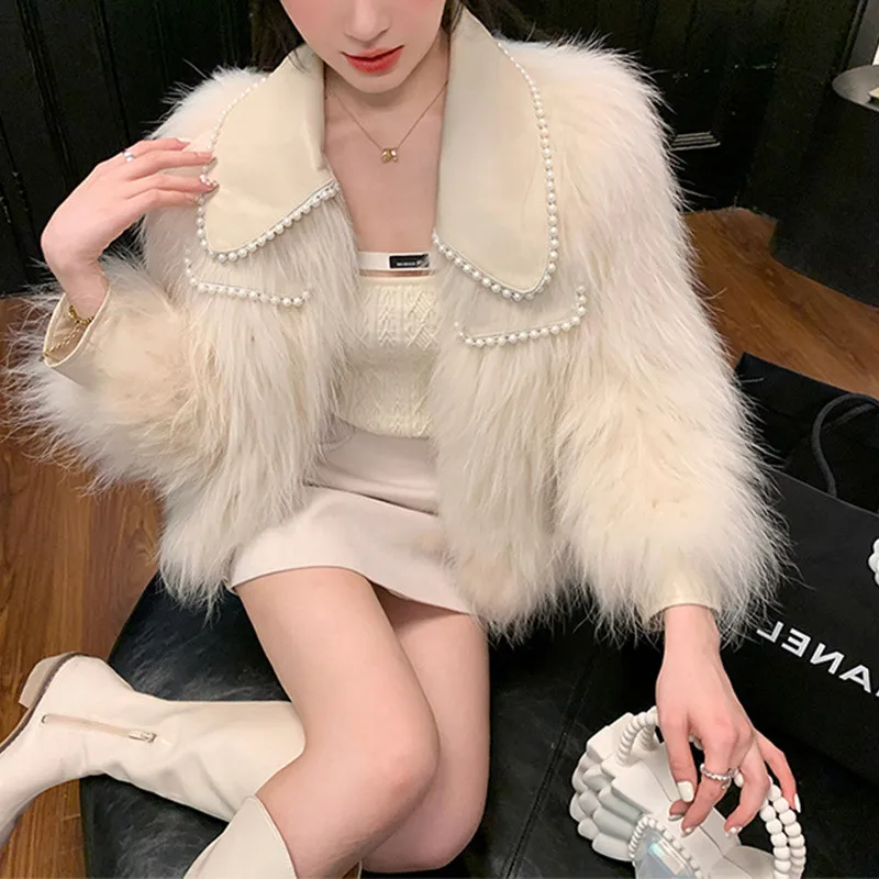 French Chic Pearl Doll Collar Fox Fur Coat Women Winter Thick Double-faced Fur Outer Wear Temperament Ladies Beaded Coat LR2110