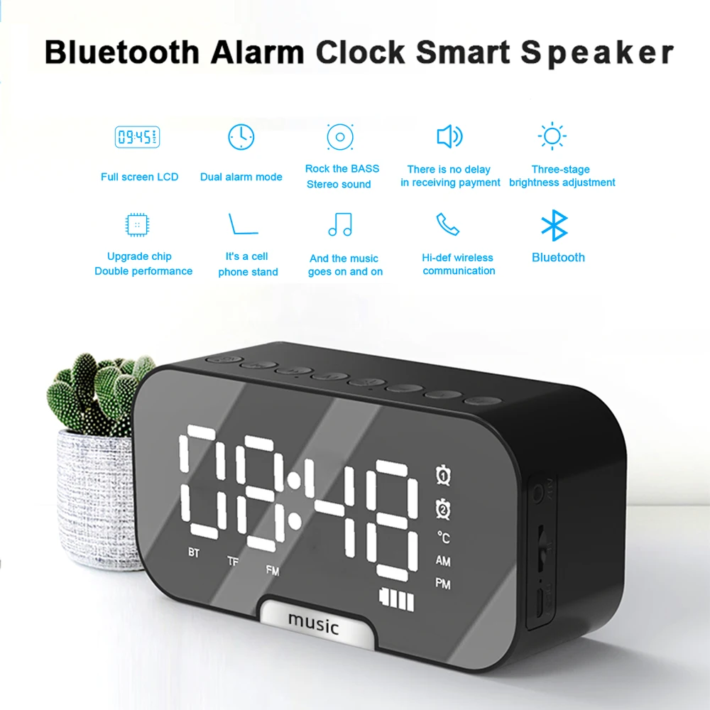 

Digital Bluetooth Speaker Portable Wireless Bluetooth Alarm Clock Dual Alarm FM Radio Stereo Speaker LED Mirror Clock Snooze