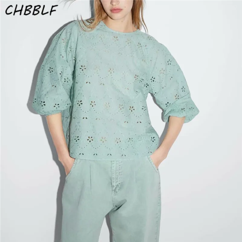

CHBBLF women vintage embroidery hollow out blouse solid O neck long sleeve sweet shirts female casual chic tops blusas JHC9059