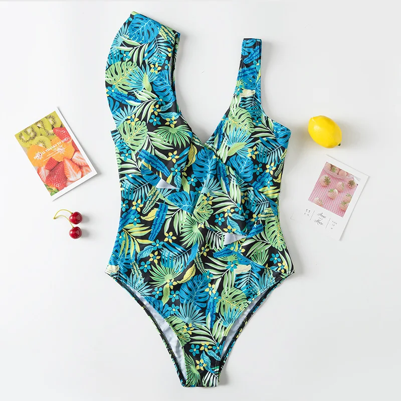 Сексуальный цельный купальник с оборками женская одежда для плавания принтом