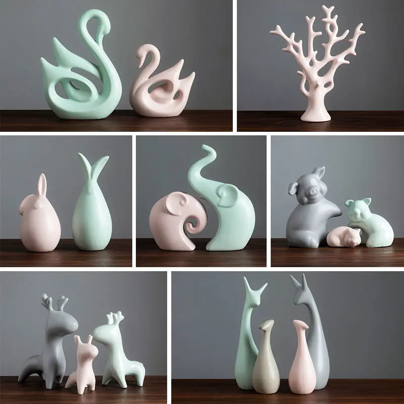 Современная розовая и зеленая керамическая статуя с животными оленем русалкой