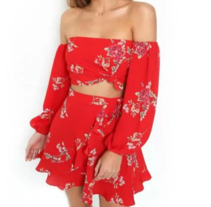 

New Hot Sale Summer 2 Two-piece Women's Sexy Strapless Ruffled Blouse Skirt Skirt Suit Floral Female Casual Vacation Outfit