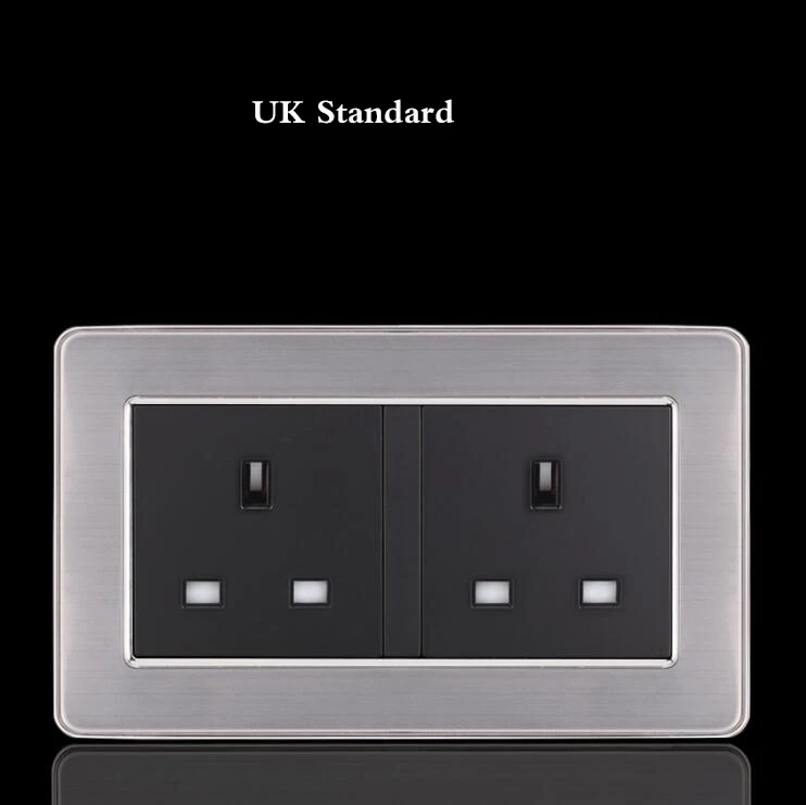 146UK socket 86 Type1 2 3 4 банда 1 2 способа бытовой выключатель EU FR UK розетка настенный выключатель с светодиодный из нержавеющей стали зеркало сброс переключатели 86*86 мм - Цвет: 146UK socket