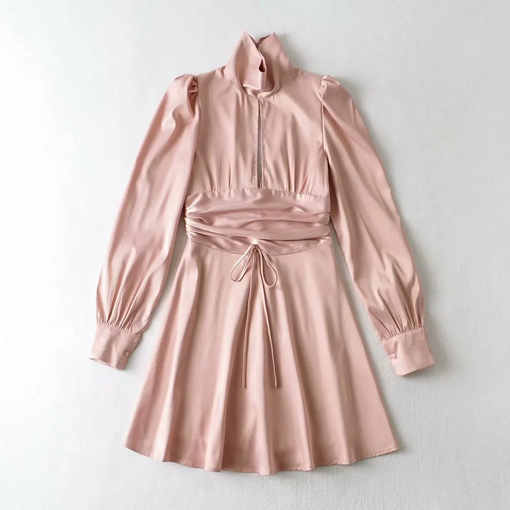 

2021 Autumn New Blogger Pleated Bubble Sleeves Backless Waist Sexy Dress DLQZ1876
