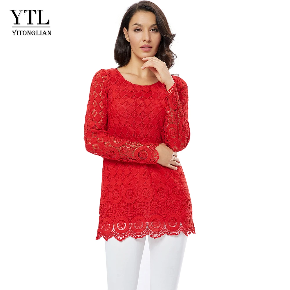 Red-long sleeve YTL женская одежда больших размеров винтажный Тонкий цветочный вязаный кружевной топ однотонная Повседневная футболка Женская футболка футболки 5XL 6XL 7XL H139 - Цвет: Red-long sleeve