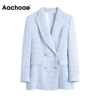 aachoae women office wear tweed blazer coat 2021 casual double breasted jacket female notched collar long sleeve outerwear