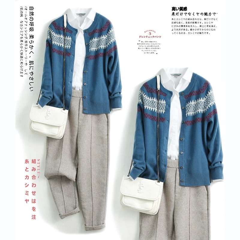 

New Fashion Autumn and Winter Women Pure Wool Sweater Cashmere O-neck Cardigan Warm Slim Large Size Printed Knitted Jacket