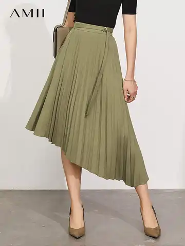Amii Minimalism Women Skirts Solid Aline High Waist Pleated Skirt For Women Elegant Asymmetric Mid-Calf Skirt Female 12170132