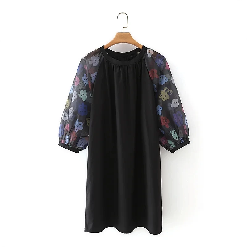 

Summer Women Colour Organza Splicing Black Mini Dress Female Butterfly Sleeve Clothes Casual Lady Loose Vestido D7521