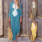 Модное женское пикантное платье с V-образным вырезом, повседневное пляжное праздничное платье с принтом, платье с длинным рукавом и разрезом на подоле, мешковатое кафтан, летнее Свободное длинное платье
