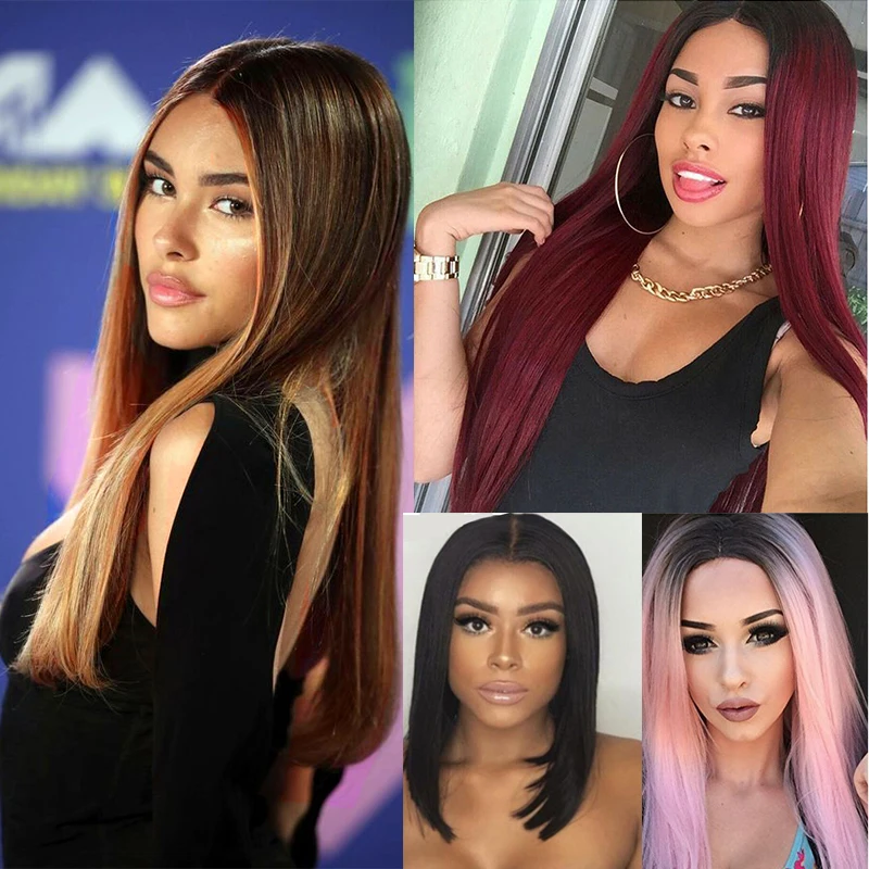 

DIANQI Synthetic Black Ombre Pink Long Straight Wig Middle Part Straight Wig with for Women Lace Front Wig Daily Use