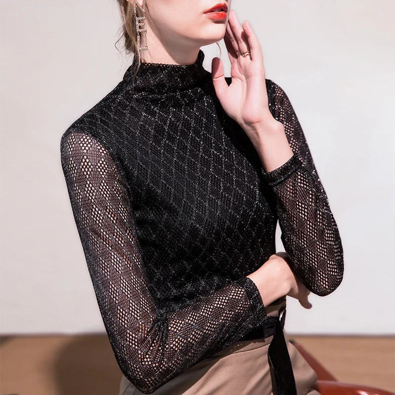 

Half high collar net bottom coat with long sleeve T-shirt in autumn and winter