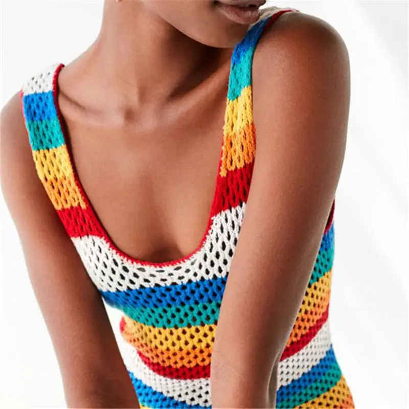 Женское трикотажное платье туника разноцветное пляжное мини в полоску без