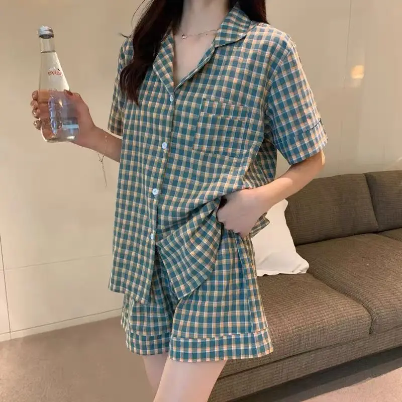 

QWEEK Korean Homewear Plaid Pajamas Women Summer 2021 Pyjamas Vintage Pijamas Two Piece Set Nightwear Short Sleeve Loungewear