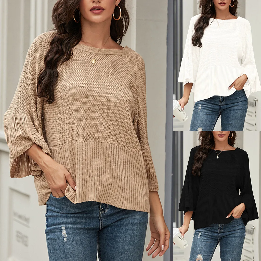 JAYCOSIN Loose Sweater Women's Solid Flared Sleeve Tops Pullovers Casual Soft Clothing Lady Elegant Sweaters Dropshipping | Женская