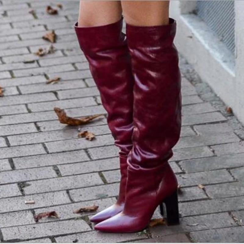 2022 Fashion Women Winter Red Wine Knee High Leather Boots Pointed Toe Square Heel Female Slip On Long Boots