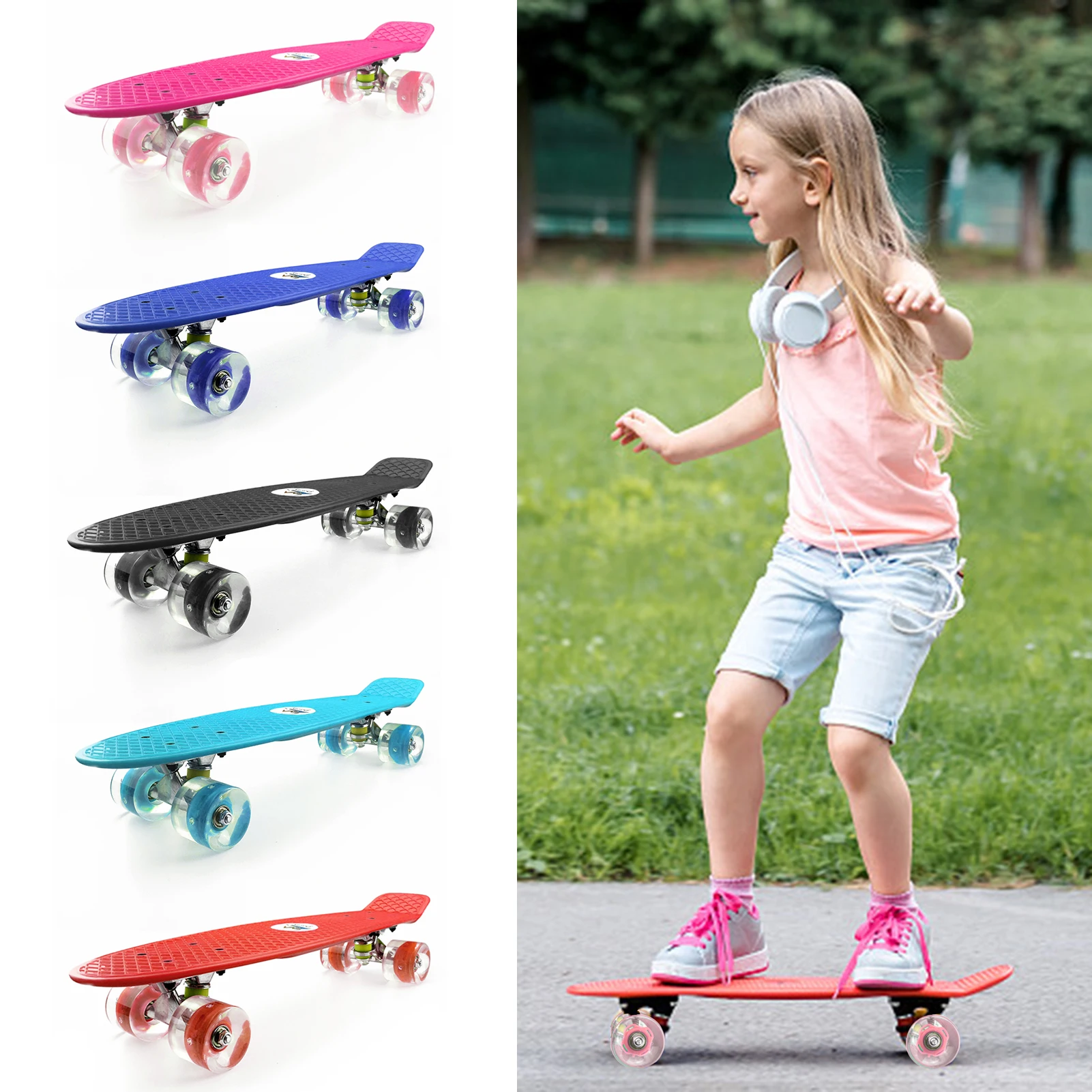 

22'' Fish Board Skateboard with Colored LED Wheels Flashing Wheels Skateboard for Children Boys Girls Longboard Skate Boards