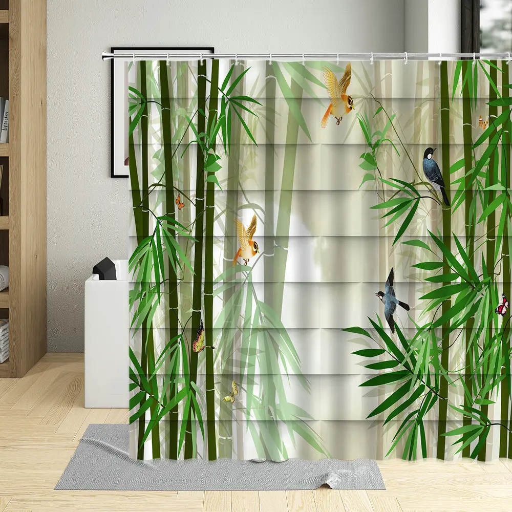 

Green Plant Bamboo Forest Bird Shower Curtain Scenery View Sailboat Decoration Nathroom Bathtub Home Curtains Machine Washable