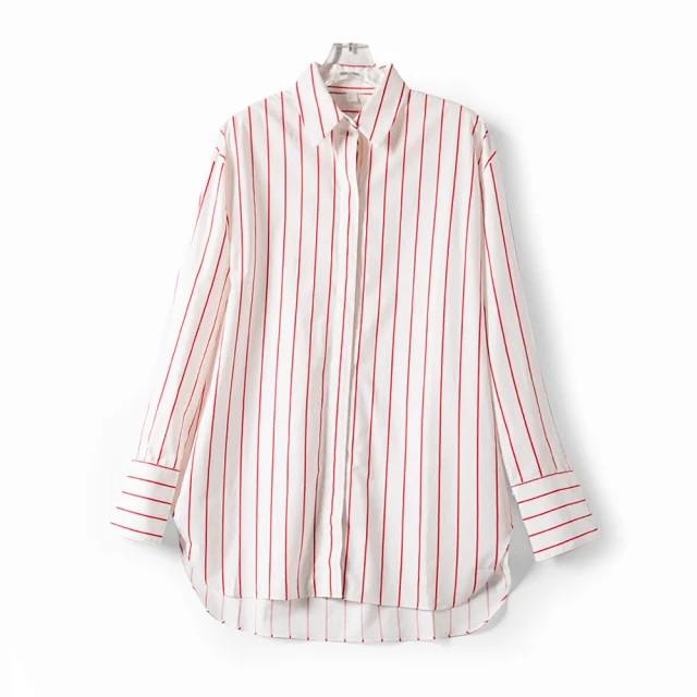 

Women Striped Cotton Blouse Lady Long sleeve Turn-Down Collar Shirt Female Fashion OL Blouses with Button Top 2021 New