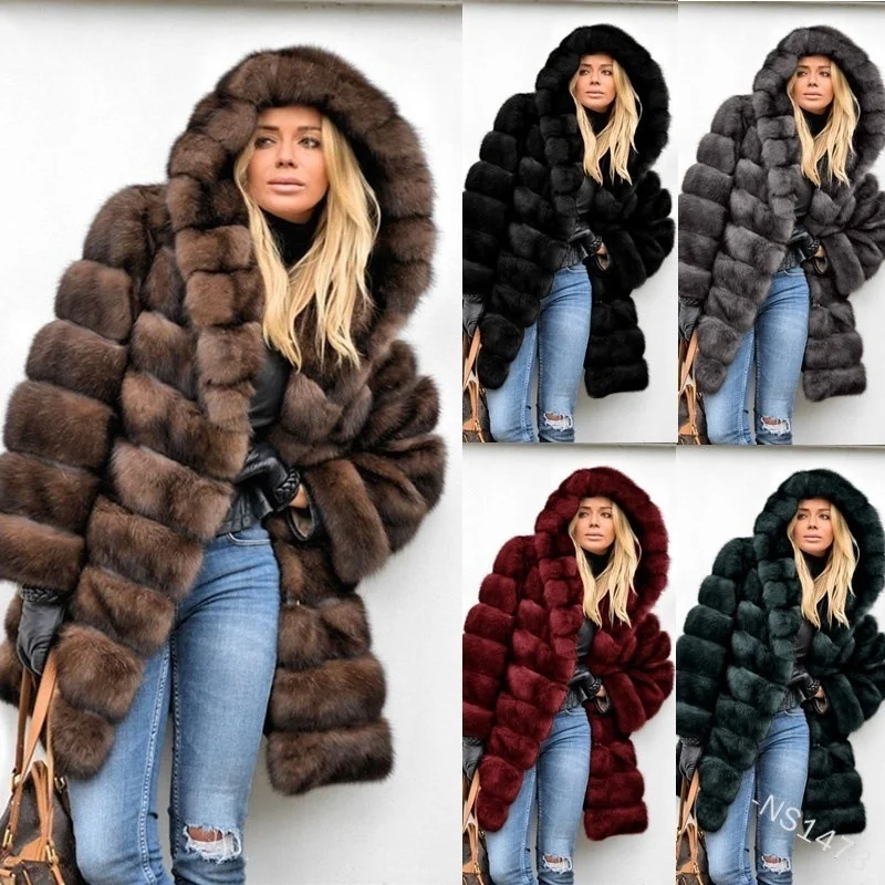 

Новинка 2021, модная зимняя женская одежда, однотонное теплое пальто с капюшоном, пушистое пальто Ns1473