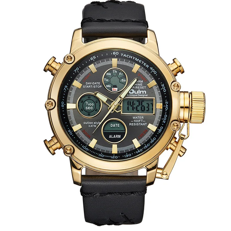 

Oulm Dual Display Sports Men's Watches Leather Calendar Alarm Quartz Watch Luminous Male Clock Military Wristwatch Drop Shipping