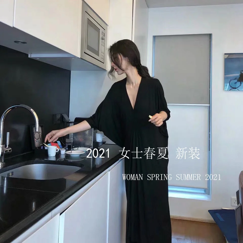 

Женская свободная одежда из вискозы, Новинка осени 2021, женская тонкая одежда с большим рукавом летучая мышь и V-образным вырезом