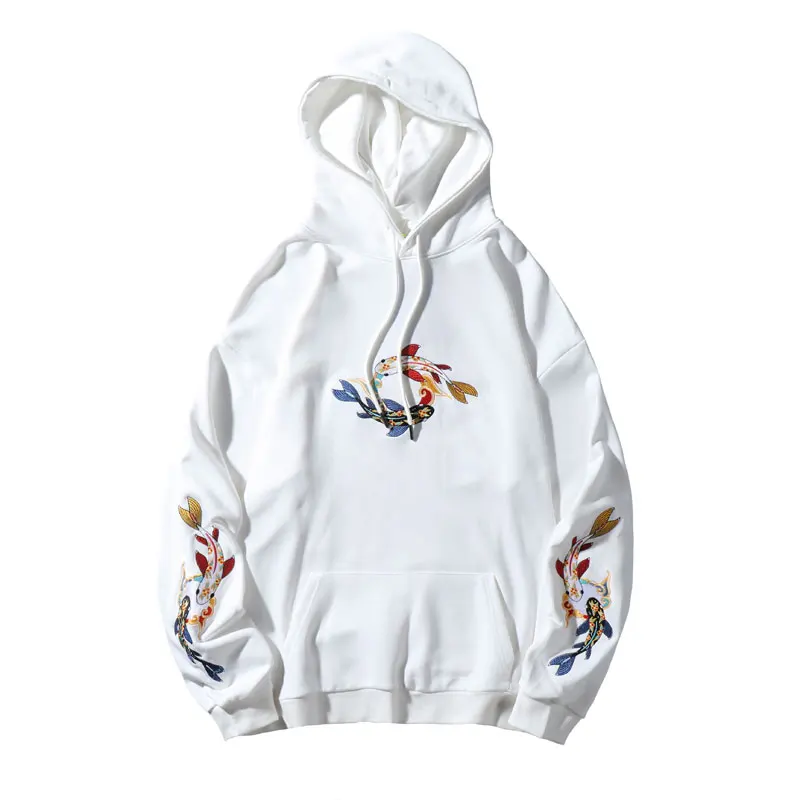 White GONTHWID Embroideried Fish koi Карп пуловер толстовки с капюшоном, худи Harajuku уличная мужская хип хоп Повседневная модная Толстовка Топы мужские - Цвет: White