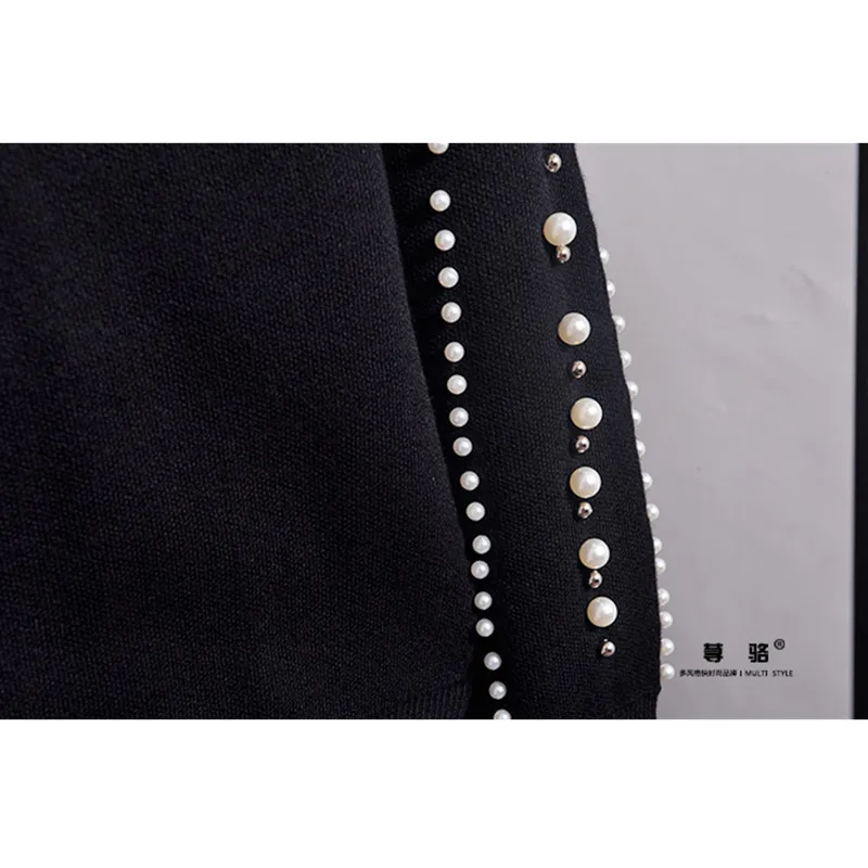 Осенне зимний черный вязаный комплект женский свитер с длинными рукавами и