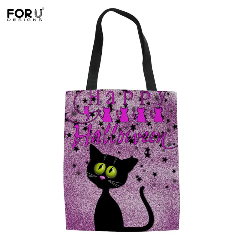 

FORUDESIGNS Women Handbags Canvas Tote Bags Reusable Grocery Shopping Bag Happy Halloween Cat Printed Shoulder Bags For Female
