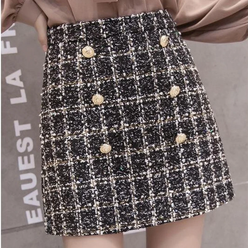 Осенне зимняя шерстяная мини юбка 2019 Женская винтажная клетчатая золотистая