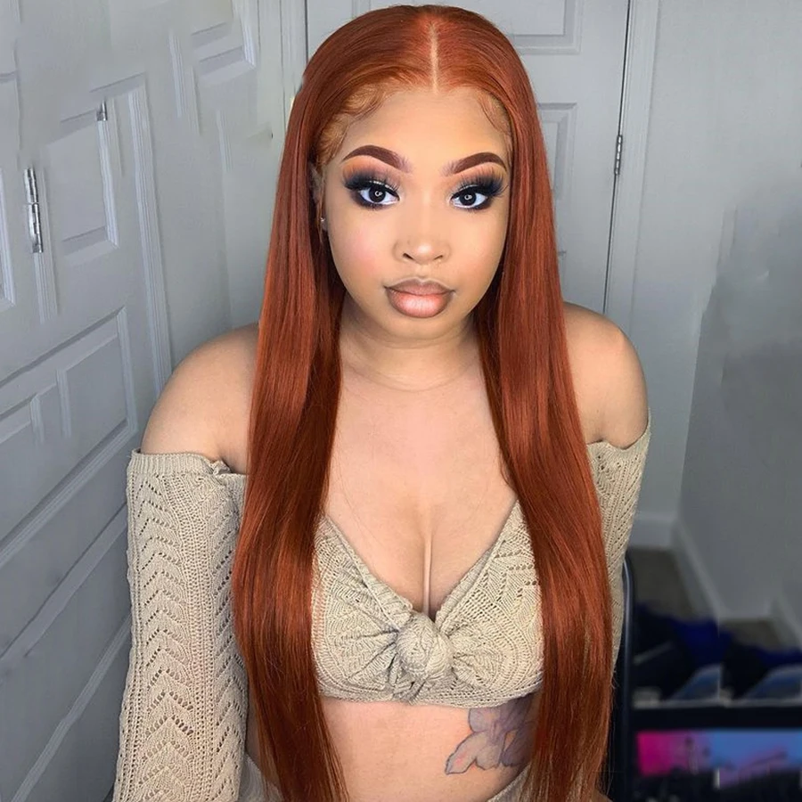 

Soft Silky Straight Preplucked Remy Orange Ginger Color 13x4 Lace Front Wig With Baby Hair Human Hair Wig For Women Can Permed