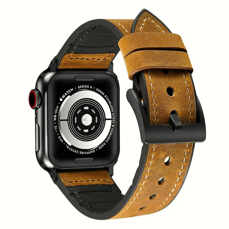 

Leather+Silicone Watchband Strap for Apple Watch Series 5 4 3 2 Band 40mm 44mm 38mm 42mm Wrist Bracelet Accessories Clock Belt