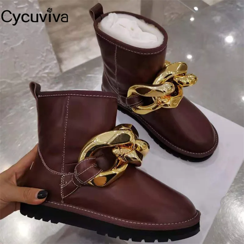 Новинка женские зимние сапоги из шерсти с золотой цепочкой теплая обувь на