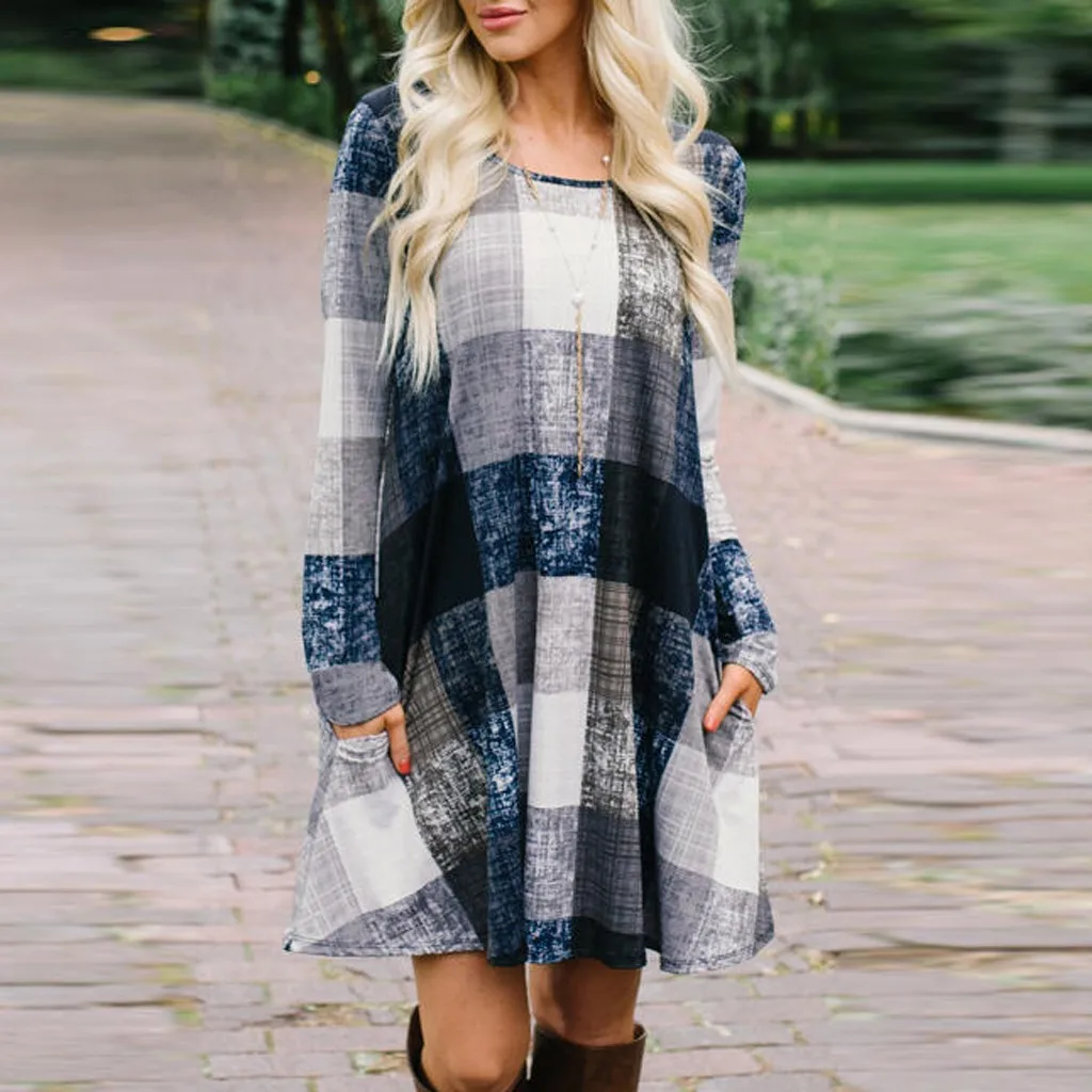 Plaid Print Vintage dress Womne Casual Loose O-Neck Fashion Pocket Long Sleeve Short Mini Dresses Ladies Sundress Vestidos | Женская