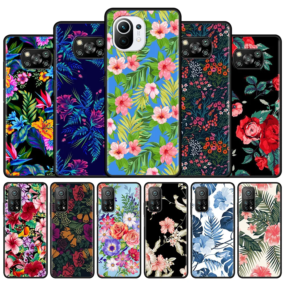 

Silicone Phone Case for Xiaomi Mi Poco X3 Pro M3 Pro 5G F3 Pocophone F1 Funda Capa Back Cover Hot Tropical Flowers Colourful