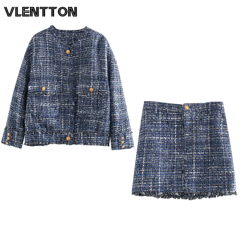 Женский винтажный клетчатый твидовый комплект из двух предметов Офисная куртка