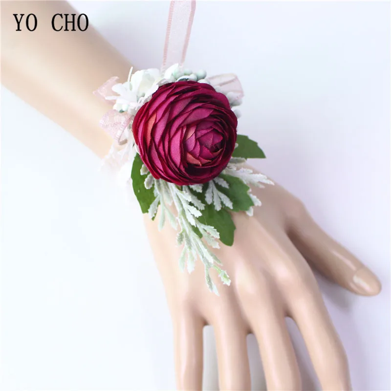 wrist corsage-A YO CHO мужской корсаж Свадебный цветок на запястье шампанское бордовый шелковый цветок браслет Жених булавка для бутоньерки DIY Свадебные аксессуары - Цвет: wrist corsage-A