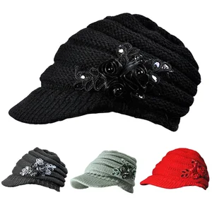 Women Ladies Winter Warm Hat Brim Sequin Knitted Wool Hats Ladies Beret Cap HATBD0311
