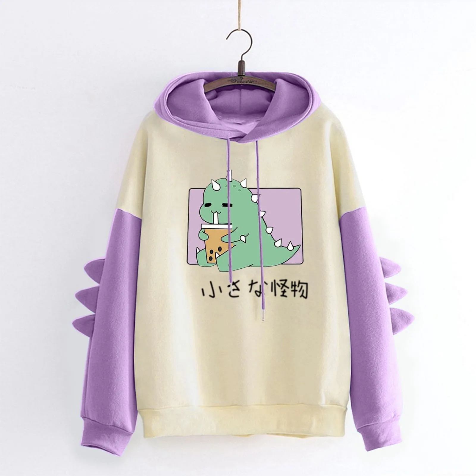 Hoodies Women Fashion Splice Dinosaur Print Sweatshirt Tops Casual Long Sleeve Harajuku Clothes Streetwear Oversized Hoodies