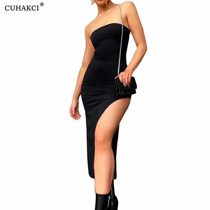 

CUHAKCI High Split Backless Summer Off Shoulder Strapless Sexy Dress Female Summer Night Club Women Bodycon Party Midi Vestidos