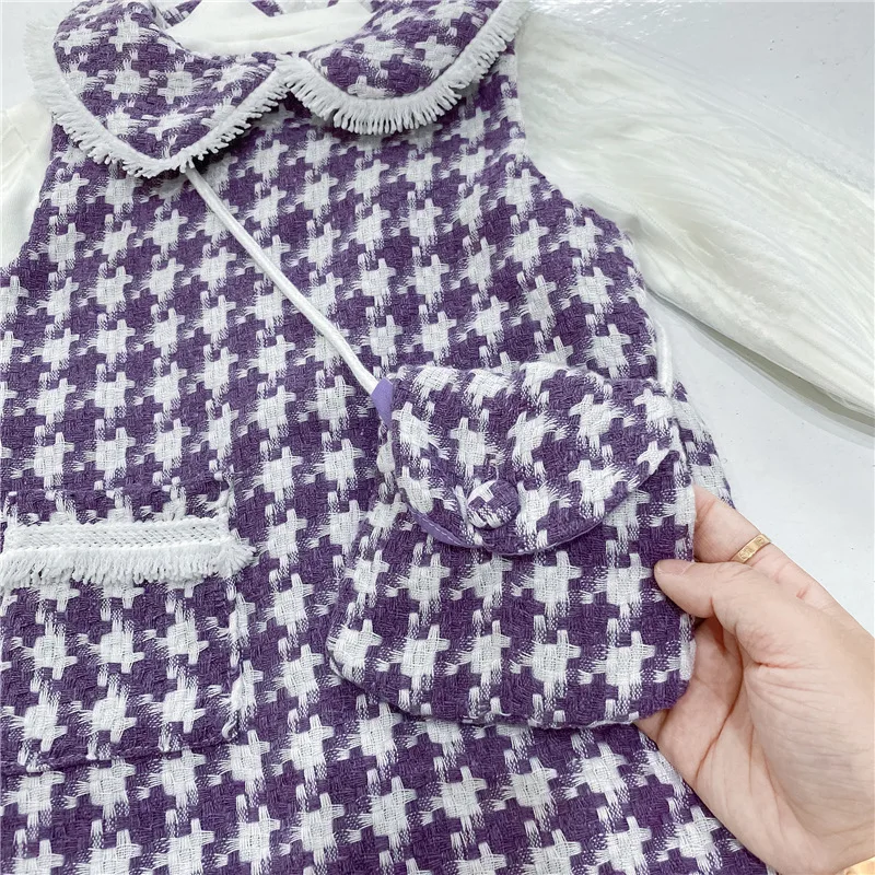 2021 Модный комплект одежды для маленьких девочек свитеры + платье в клетку сумка